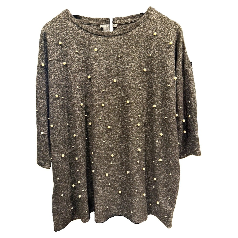Chelsea & Theodore Womens Gray Solid Pearl Accent Knit Crew Neck 3/4 Slv L